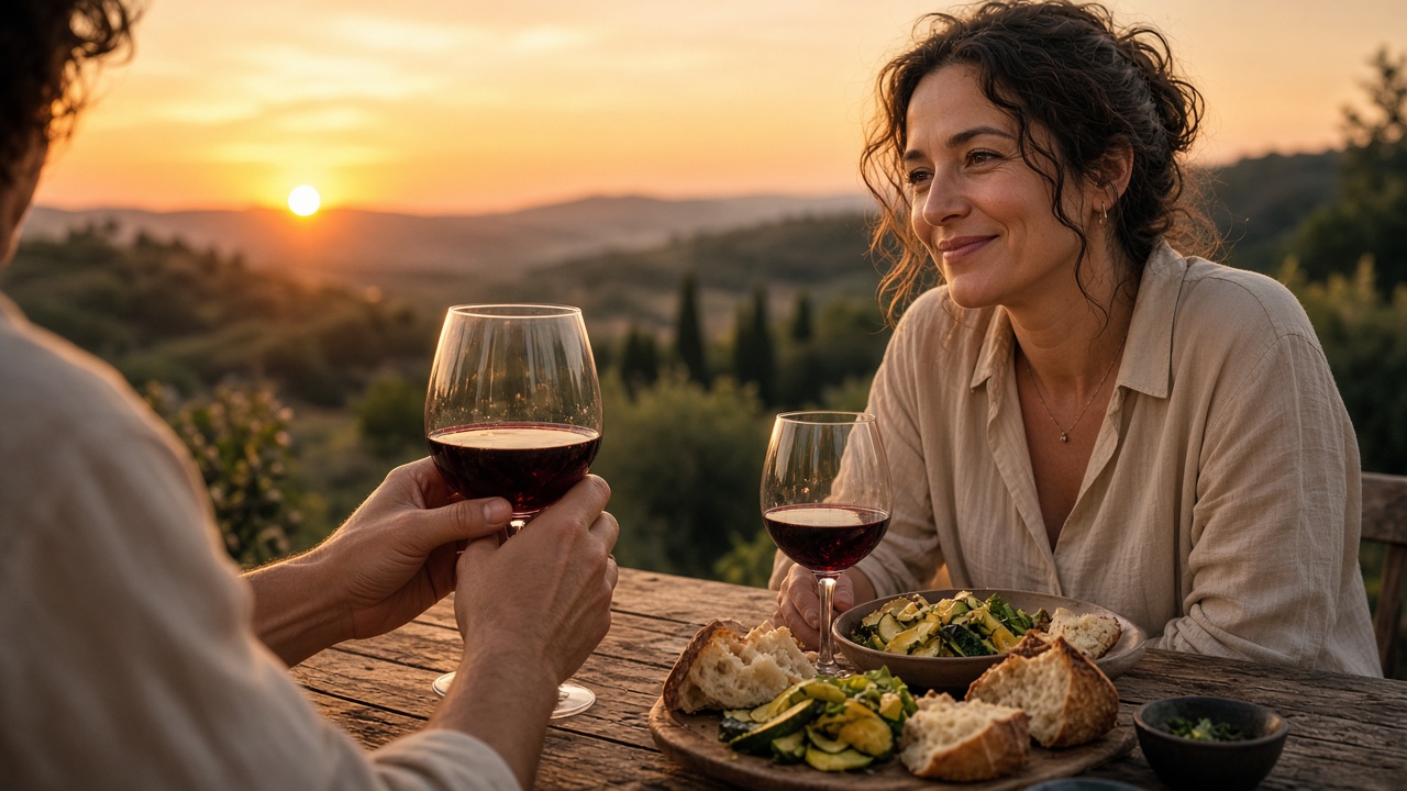 Dinner at sunset: a glass of red wine, simple food and two people at a rustic table
